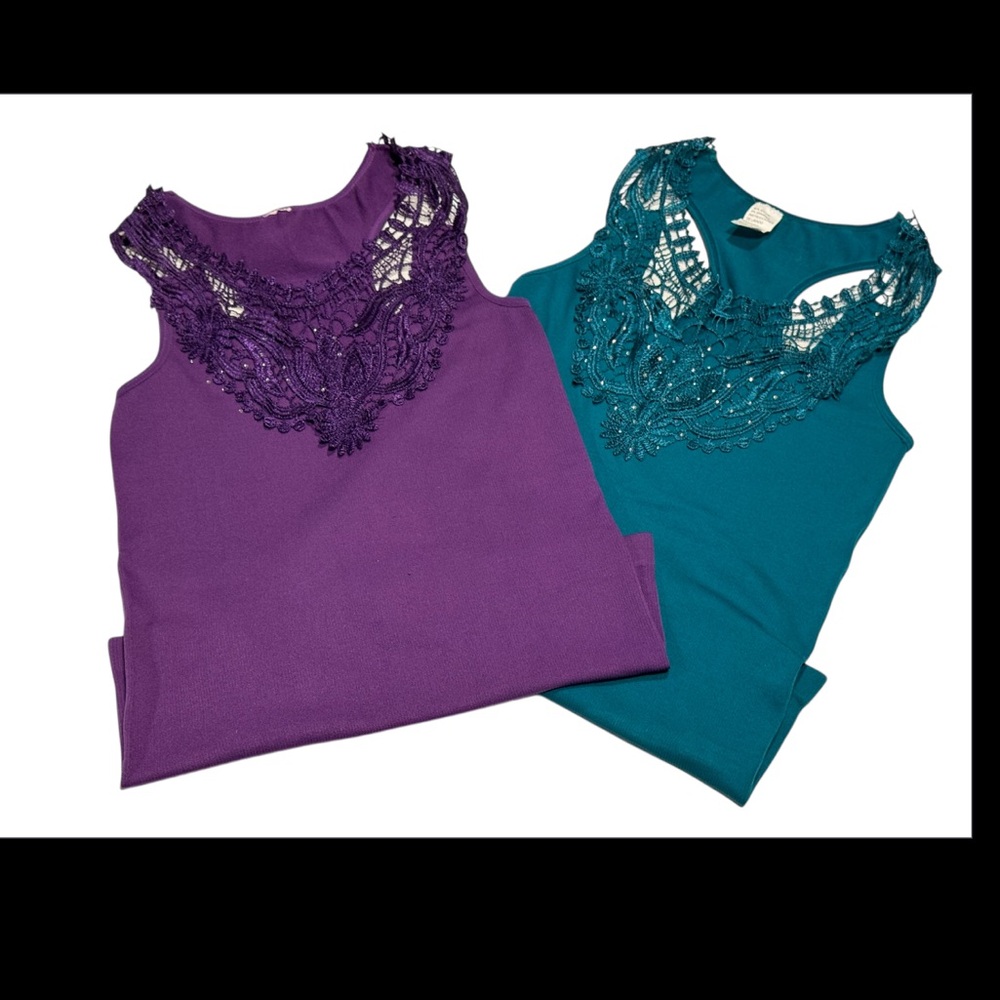 Purple and Teal Sleeveless Tops with Lace Detail